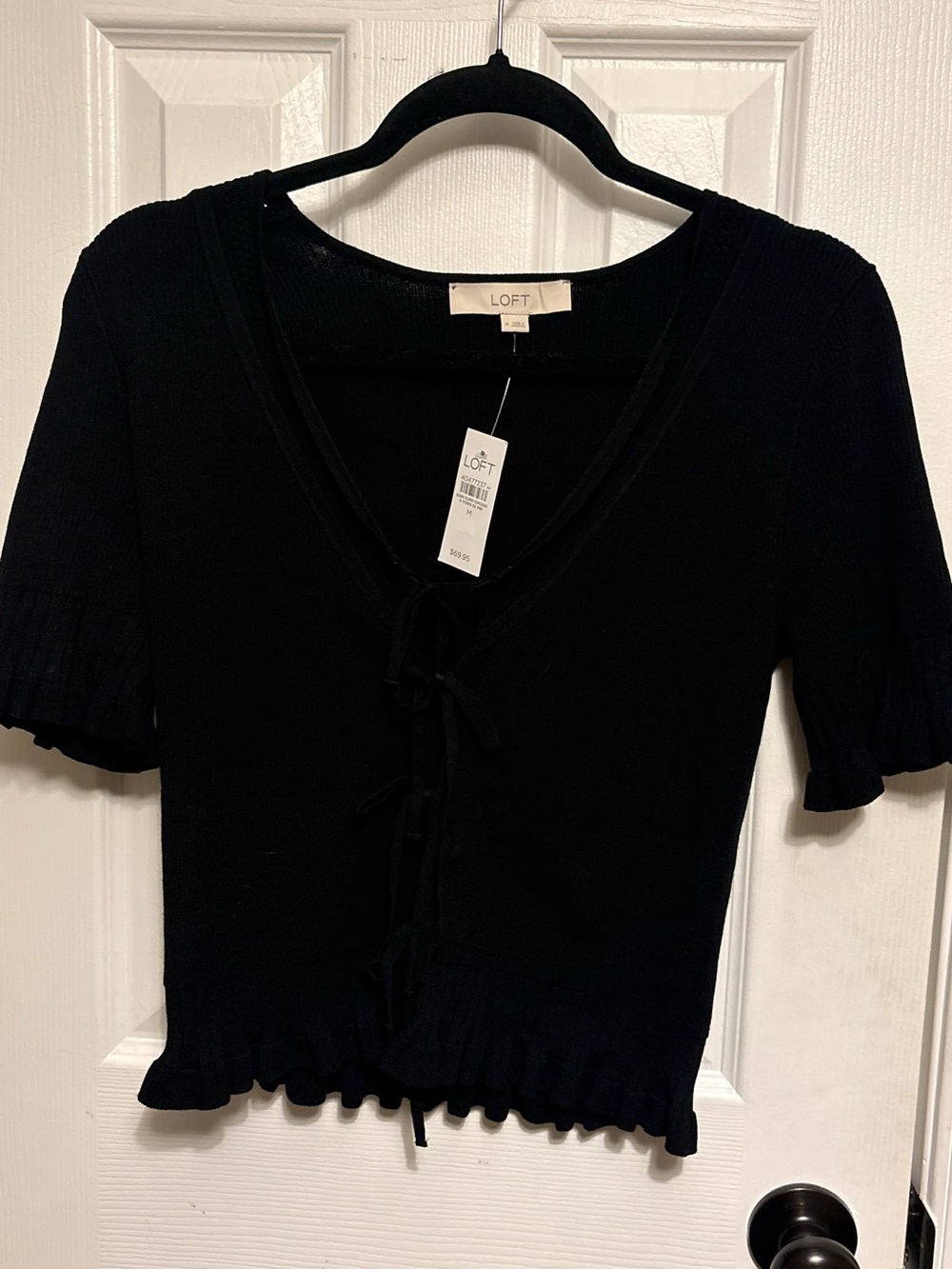 NWT LOFT Black Ribbed Tie-Front Ruffle Hem Crop Top